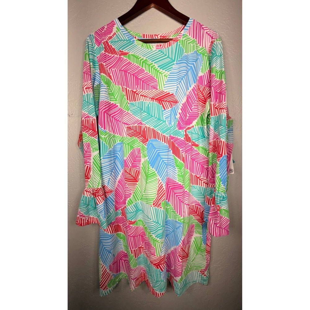 IBKUL Womens IceFil Cooling Long Sleeve Tropical Palm Print Ruffle Dress UPF50